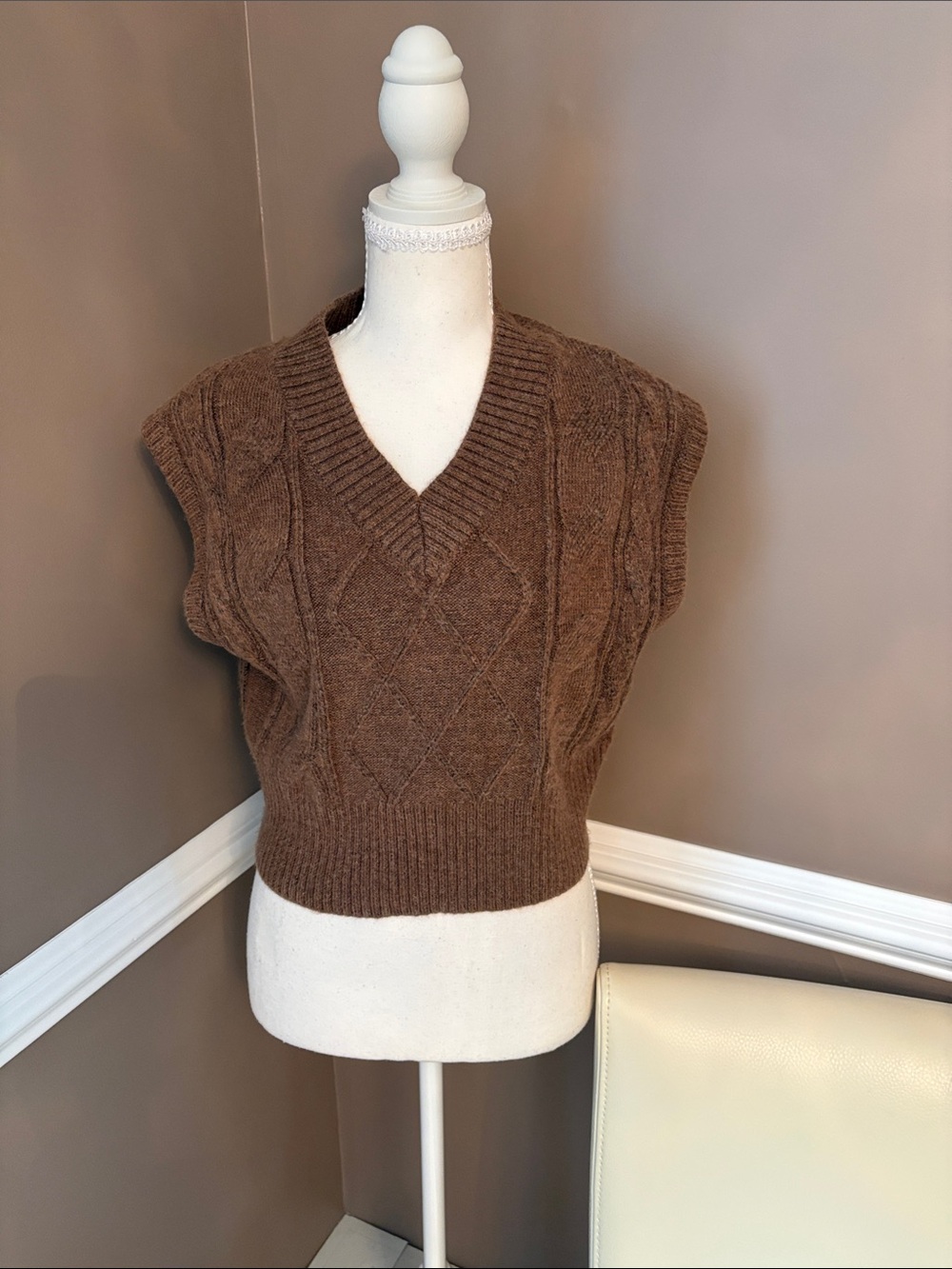 Sincerely Jules Brown Cable-Knit V-Neck Sweater Vest